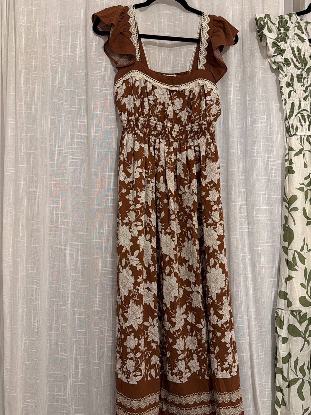 Blu Pepper Brown and White Floral Lace-Trim Maxi Dress